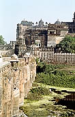Orchha - royal citadel  palace area, from the bridge on the river Betwa 